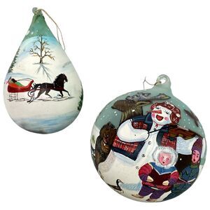 Winter Landscape Scene & Snowman Carolers Glass Christmas Ornament Hand Painted